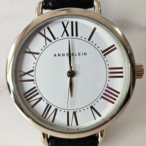 Anne Klein Large White Face Gold Watch with Black Leather Strap, needs battery